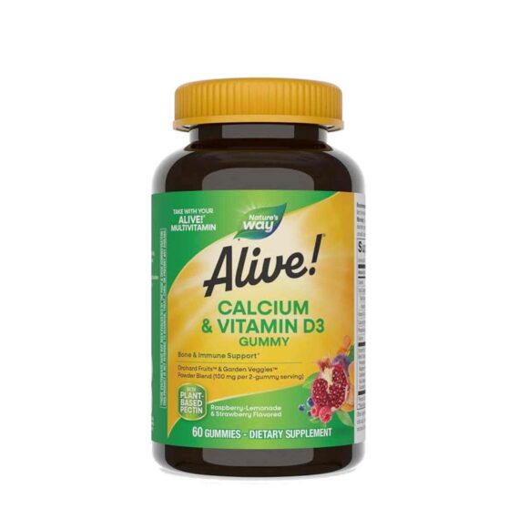 عبوة مكمل غذائي ألايف! كالسيوم وفيتامين D3 جامي – 60 قطعة بنكهة التوت والفراولة Alive! Calcium & Vitamin D3 Gummy – 60-count bottle with berry flavor, shown on a white background with supplement label