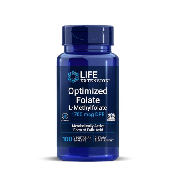 لايف إكستنشن أوبتيمايزد فولات - إل-ميثيلفولات 100 قرص بتركيز 1700 ميكروجرام Life Extension Optimized Folate 1700 mcg – L-Methylfolate Supplement Bottle