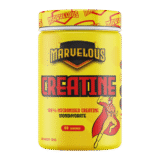 مارفيلوس كرياتين – مكمل كرياتين مونوهيدرات نقي بدون نكهة، عبوة صفراء بحجم 68 جرعة، يدعم القوة والطاقة وبناء العضلات Marvelous Creatine – Yellow jar with superhero graphic, contains 100% micronized creatine monohydrate, 68 servings, ideal for strength and muscle building