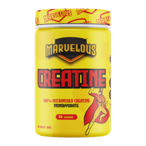 مارفيلوس كرياتين – مكمل كرياتين مونوهيدرات نقي بدون نكهة، عبوة صفراء بحجم 68 جرعة، يدعم القوة والطاقة وبناء العضلات Marvelous Creatine – Yellow jar with superhero graphic, contains 100% micronized creatine monohydrate, 68 servings, ideal for strength and muscle building