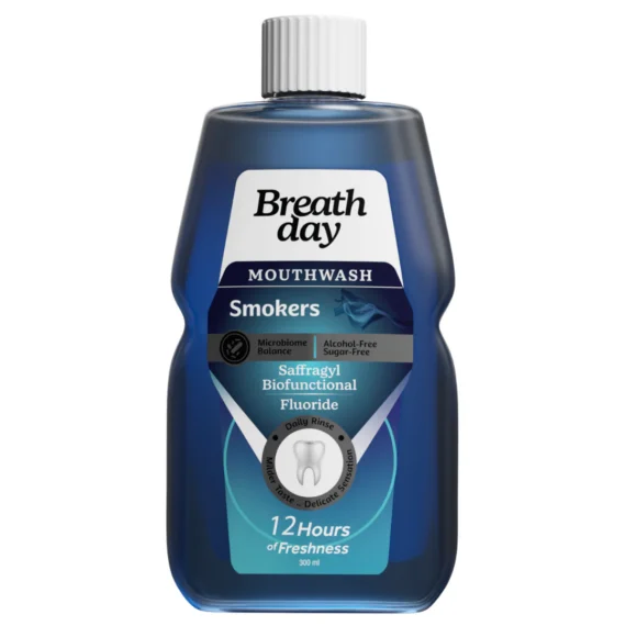 بريث داي غسول فم للمدخنين – 300 مل، يزيل رائحة التبغ وينعش النفس. Breath Day Mouthwash Smokers – 300ml, removes tobacco odor and refreshes breath.