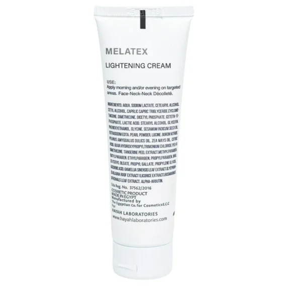 كريم ميلاتكس لتفتيح البشرة – 50 مل، يقلل التصبغات والبقع الداكنة ويوحد لون البشرة. MELATEX Lightening Cream – 50ml, brightening cream that reduces dark spots and evens skin tone.