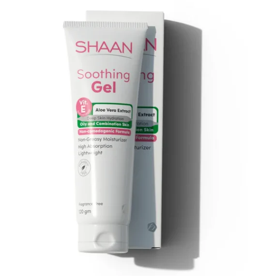 Shaan Soothing Gel – 120gm, lightweight hydrating gel for soothing and moisturizing the skin. شان جل مرطب – 120 جم، جل مهدئ ومرطب للبشرة بعد التعرض للشمس.