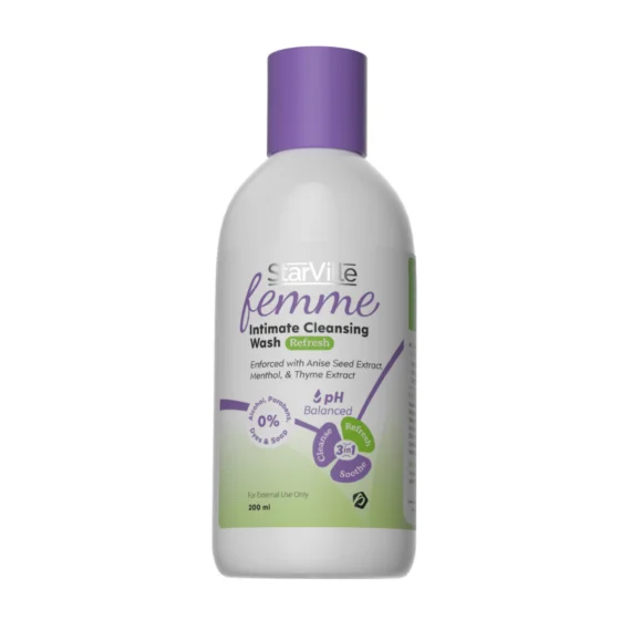 StarVille Femme Intimate Cleansing Wash Refresh – 200 ml gentle and refreshing feminine wash. ستارفيل غسول نسائي جل منعش – 200 مل، غسول لطيف يمنح نظافة وانتعاشًا دائمًا.