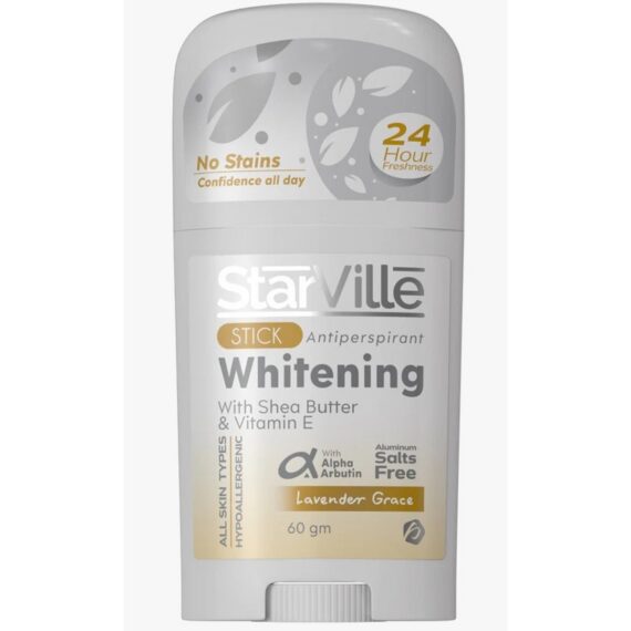 ستارفيل مزيل عرق ستيك برائحة اللافندر – 60 جم، مزيل عرق لتفتيح البشرة برائحة اللافندر المهدئة. StarVille Whitening Stick Lavender Grace – 60gm, brightening deodorant with lavender scent for 24-hour protection.