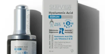 StarVille Hyaluronic Acid Serum – 30ml, hydrating and revitalizing serum with 3% hyaluronic acid. ستارفيل هيالورينك أسيد سيروم – 30 مل، سيروم ترطيب وتجديد للبشرة غني بحمض الهيالورونيك.