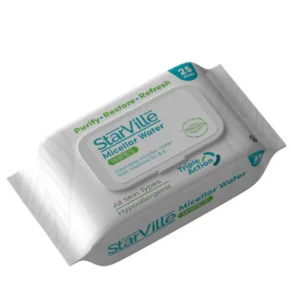 StarVille Micellar Water Wipes – gentle cleansing and hydrating facial wipes. ستارفيل مناديل مبللة ميسيلار – مناديل تنظيف وترطيب فوري للبشرة.