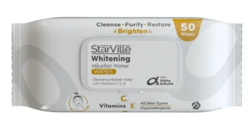 StarVille Whitening Micellar Water Wipes – brightening and cleansing facial wipes. ستارفيل مناديل مبللة للتفتيح – مناديل تفتيح وتنظيف لطيف للبشرة.