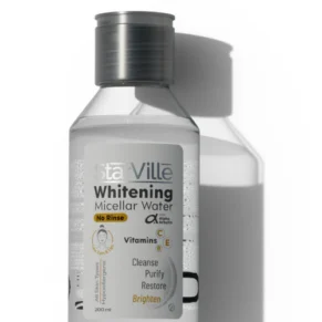 StarVille Whitening Micellar Water – 200 ml gentle makeup remover and brightening cleanser. ستارفيل ماء ميسيلار لتفتيح البشرة – 200 مل منظف لطيف يزيل المكياج ويفتح البشرة.