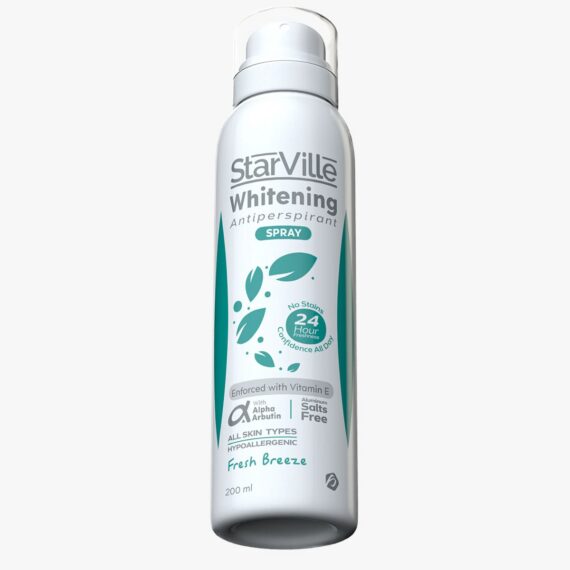 Starville Whitening Antiperspirant Spray Fresh Breeze – 200ml, deodorant spray with brightening effect and long-lasting freshness. ستارفيل سبراي مزيل عرق وتفتيح فريش بريز – 200 مل، مزيل عرق بتفتيح وانتعاش طويل الأمد.