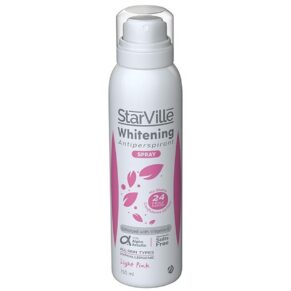Starville Whitening Antiperspirants Spray Light Pink – 200ml, brightening deodorant spray with soft pink fragrance. ستارفيل سبراي مزيل للعرق للتفتيح لايت بينك – 200 مل، مزيل عرق لتفتيح البشرة برائحة أنثوية منعشة.