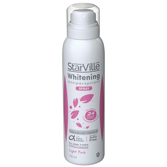 Starville Whitening Antiperspirants Spray Light Pink – 200ml, brightening deodorant spray with soft pink fragrance. ستارفيل سبراي مزيل للعرق للتفتيح لايت بينك – 200 مل، مزيل عرق لتفتيح البشرة برائحة أنثوية منعشة.