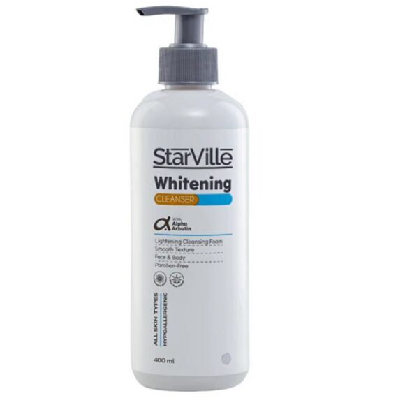 Starville Whitening Cleanser – 400 ml, brightening facial cleanser for clean, radiant, and soft skin. ستارفيل غسول تفتيح – 400 مل، غسول لتفتيح البشرة وتنظيفها بعمق دون جفاف.