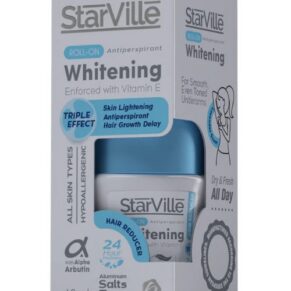 Starville Whitening Roll-On Hair Reducer – 60ml, brightening deodorant that helps reduce underarm hair growth. ستارفيل رول أون وايتينج هير ريديوسر – 60 مل، مزيل عرق لتفتيح البشرة وتقليل نمو الشعر.
