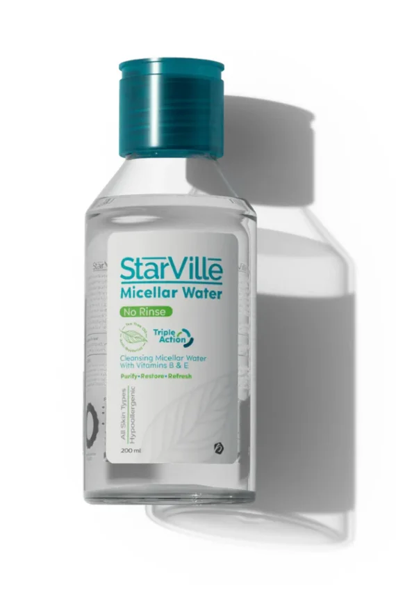Starville Micellar Water Triple Action – 3-in-1 cleansing and brightening micellar water. ستارفيل ماء ميسيلار تريبل أكشن – منظف ومزيل مكياج بثلاث فوائد للبشرة.