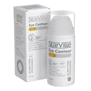 Starville Eye Contour Gel – 30gm, brightening eye gel for dark circles and puffiness. ستارفيل جل كنتور لعلاج انتفاخ وهالات العين – 30 جرام، جل لتقليل الهالات وترطيب محيط العين.