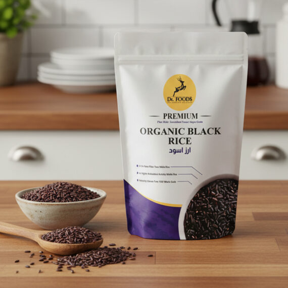 أرز أسود عضوي فاخر من دكتور فودز – غني بالألياف ومضادات الأكسدة، منتج طبيعي 100%. Dr. Foods Organic Black Rice – Premium whole-grain superfood rich in fiber and antioxidants.