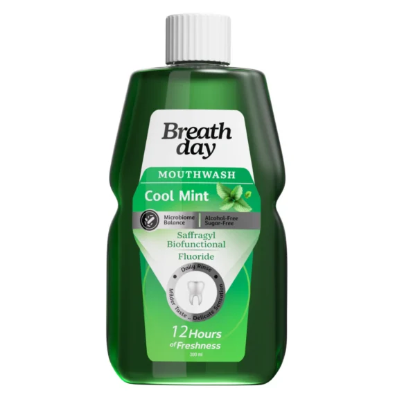 بريث داي غسول فم بالنعناع البارد – 300 مل، انتعاش فوري وحماية لصحة الفم. Breath Day Mouthwash Cool Mint – 300ml, instant freshness and oral care with cool mint flavor.