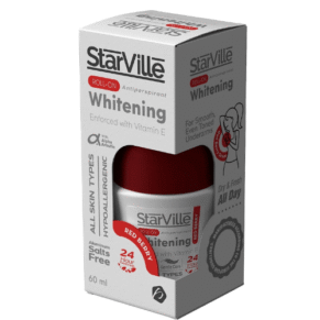ستارفيل رول أون تفتيح ومزيل عرق ريد بيري – 60 مل، مزيل عرق لتفتيح البشرة برائحة التوت الأحمر.Starville Whitening Roll On Redberry Scent – 60ml, brightening roll-on deodorant with redberry fragrance.