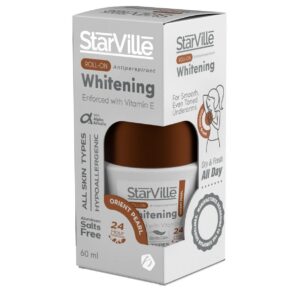 Starville Whitening Roll On Orient Pearl Scent – 60ml, brightening roll-on deodorant with oriental fragrance. ستارفيل رول أون تفتيح بالروائح الشرقية – 60 مل، مزيل عرق لتفتيح البشرة برائحة شرقية فاخرة.