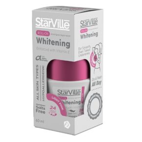 ستارفيل رول أون تفتيح ومزيل عرق بينك – 60 مل، مزيل عرق لتفتيح البشرة برائحة جوز الهند المنعشة. Starville Whitening Roll On Light Pink with Coconut Scent – 60ml, brightening roll-on deodorant with coconut fragrance.