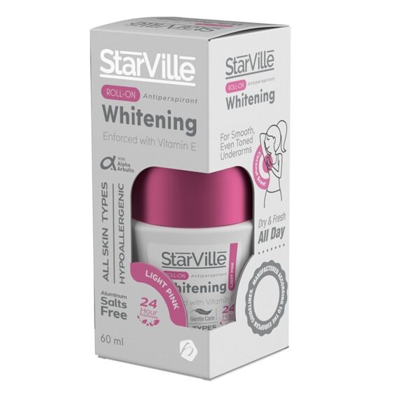 ستارفيل رول أون تفتيح ومزيل عرق بينك – 60 مل، مزيل عرق لتفتيح البشرة برائحة جوز الهند المنعشة. Starville Whitening Roll On Light Pink with Coconut Scent – 60ml, brightening roll-on deodorant with coconut fragrance.