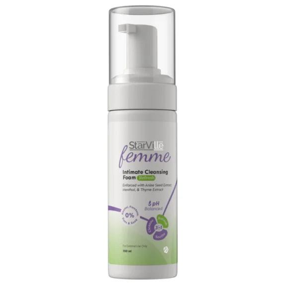 StarVille Femme Intimate Cleansing Foam Refresh – 150 ml gentle and moisturizing intimate wash. ستار فيل غسول فوم نسائي مرطب ريفرش – 150 مل للترطيب والانتعاش اليومي.