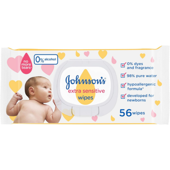 Johnsons Baby Wipes Extra Sensitive 56 Wipes Gentle Care for Sensitive Skin-جونسون مناديل اطفال فائقة الحساسية 56 منديل تنظيف لطيف للبشرة الحساسة
