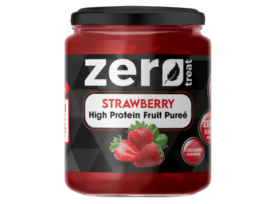 Strawberry High Protein Fruit Purée Zero Treat 180g Zero Sugar Added & Collagen Fortified-بيوريه الفراولة بالبروتين زيرو تريت 180 جم | 20 جم بروتين – بدون سكر مضاف